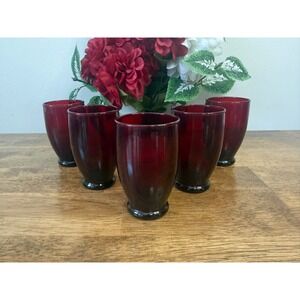 Vintage Anchor Hocking Baltic Royal Ruby Juice 5 Glasses  MCM Barware Retro‎